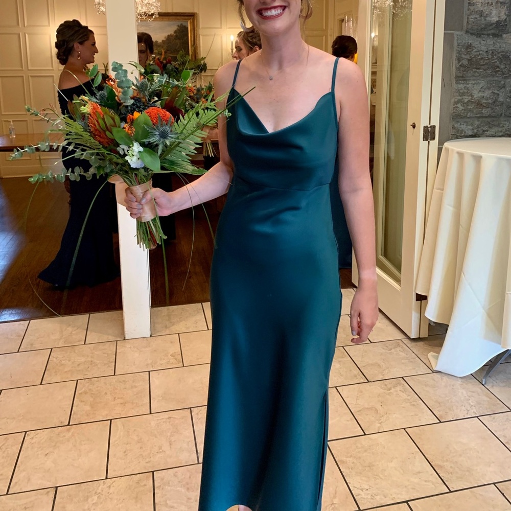 BHLDN Cali Satin Emerald Midi Dress